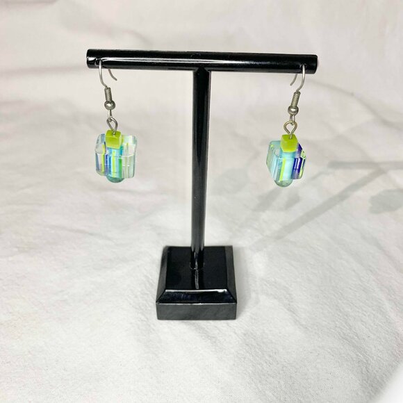 Handmade Art Glass Dangle Earrings Fused Cube Jewelry Blue Yellow Green Abstract - Picture 1 of 5